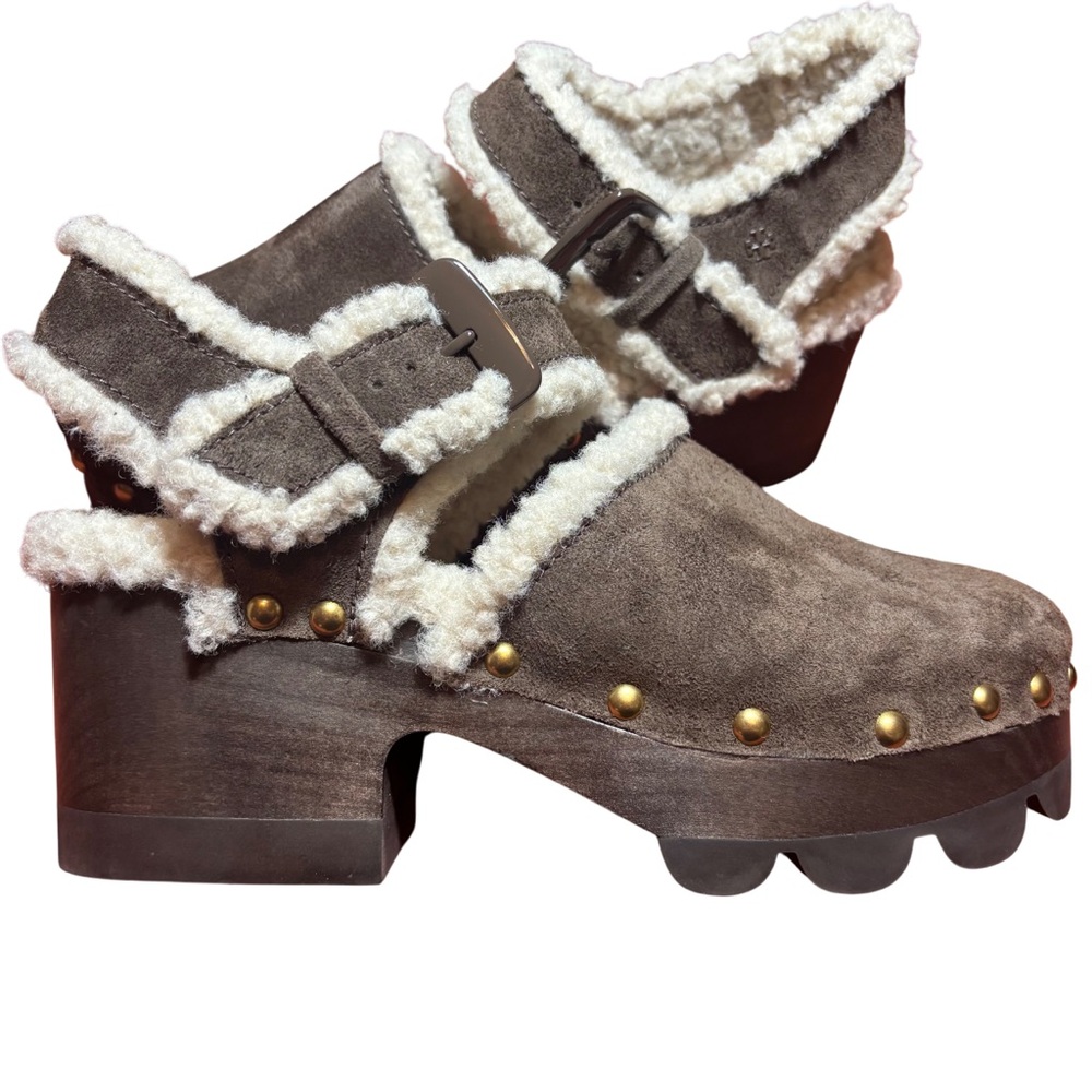 Tory Burch | Lug Sole Clog Sandal Mule Wood Platform Heel Brown Suede with Fur 8